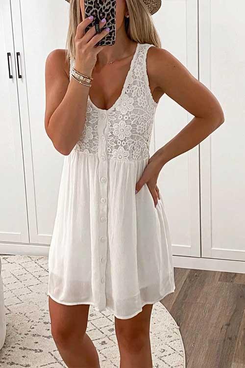 Rosiedress Lace Floral Buttons Swing Tank Dress White