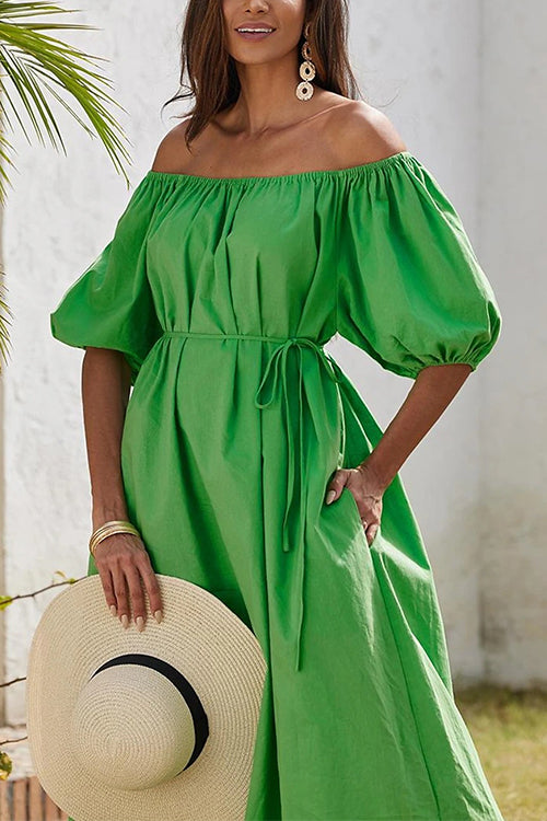 Rosiedress Off Shoulder Puff Sleeves Pocketed Baggy Midi Dress