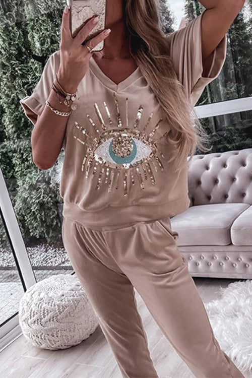 Rosiedress Sequin Pattern V Neck Short Sleeve Top with Pocketed Pants Casual Set