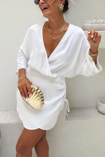 Wrap V Neck Side Drawstring Satin Mini Dress