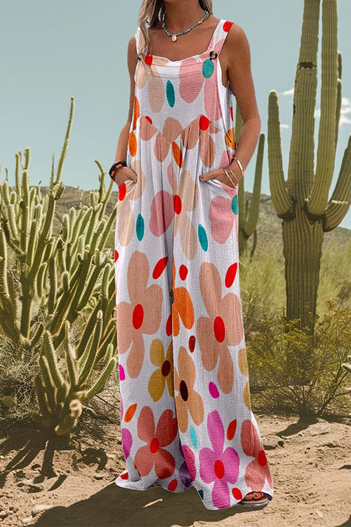 Floral Print Wide Leg Loose Overalls White