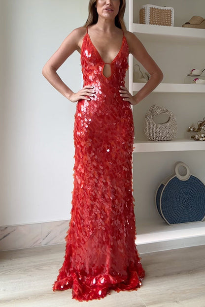 V Neck Cut Out Sequin Bodycon Maxi Cami Party Dress