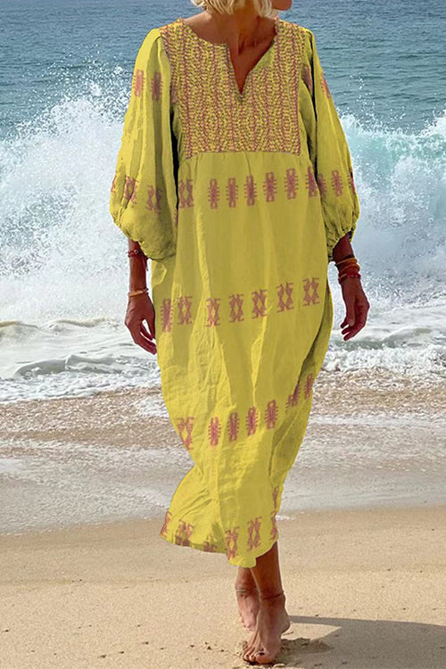 3/4 Balloon Sleeves Bohe Printed Caftan Midi Vacation Dress Yellow