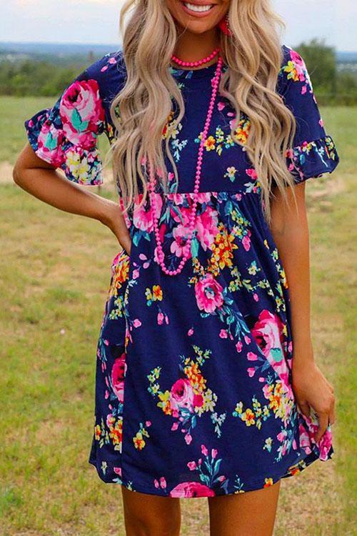 Rosiedress Crewneck Short Sleeve Floral Printed Flowy Dress DarkBlue