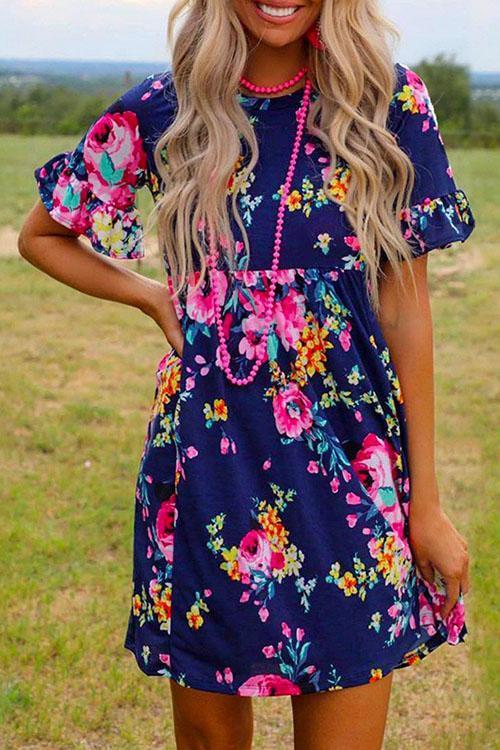 Crewneck Short Sleeve Floral Printed Flowy Dress DarkBlue