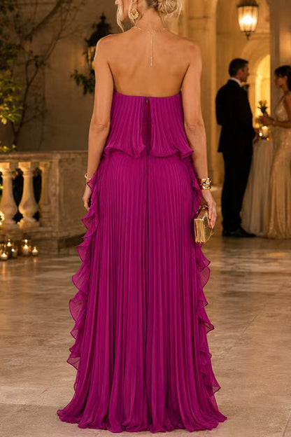 Elegant Strapless Tube Ruffle Pleated Maxi Dress