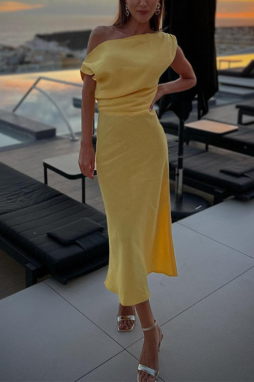 Asymmetric Shoulder Waisted Midi Prom Dress Yellow