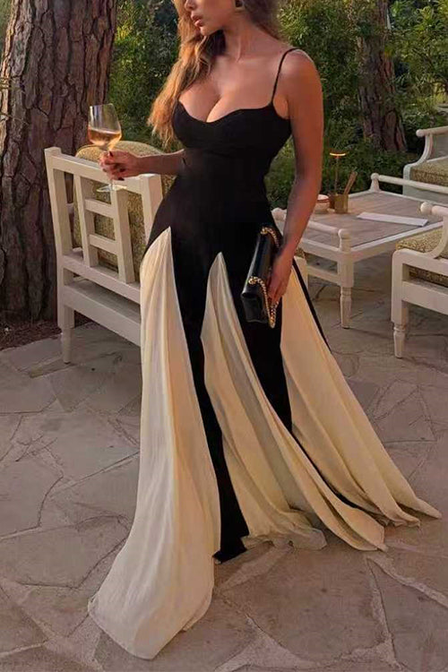 Spaghetti Strap Low Cut Color Block Swing Maxi Dress