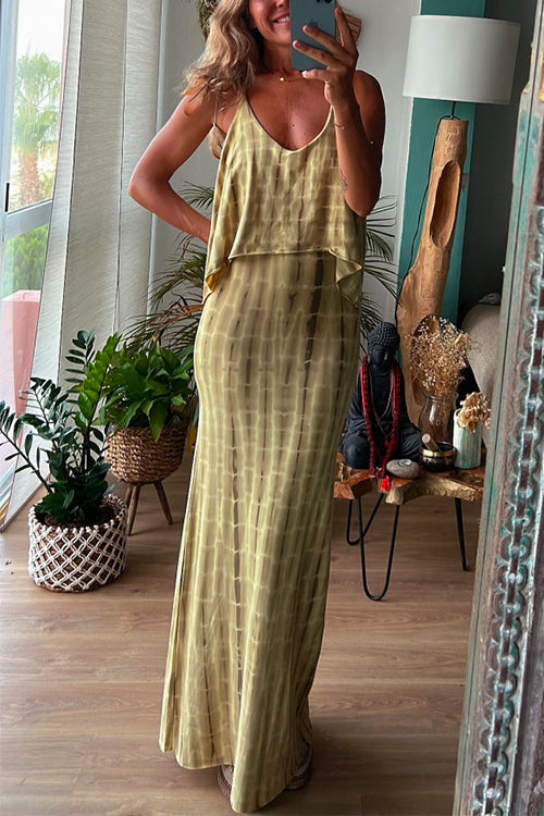 Tie Dye Scoop Neck Irregular Cami Top High Waist Maxi Skirt Set Yellow