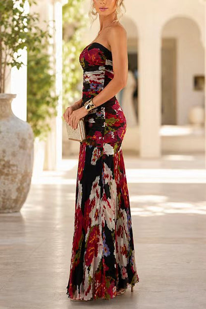 Strapless Abstract Floral Print Chiffon Maxi Dress