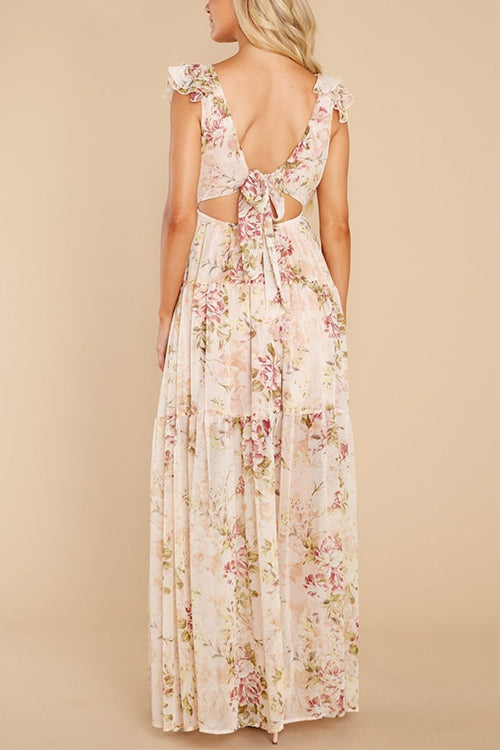 V Neck Ruffle Trim Bow Back Floral Print Flowy Maxi Dress