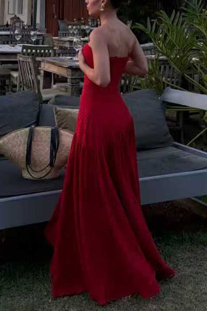 Strapless Hollow Out Lace Irregular Hem Maxi Dress