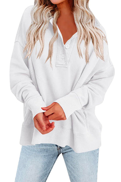 Stand Collar Button Up Pocketed Casual Sweatshirt White