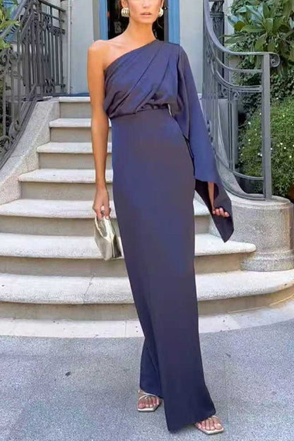 One Shoulder Long Sleeve Side Slit Satin Maxi Dress