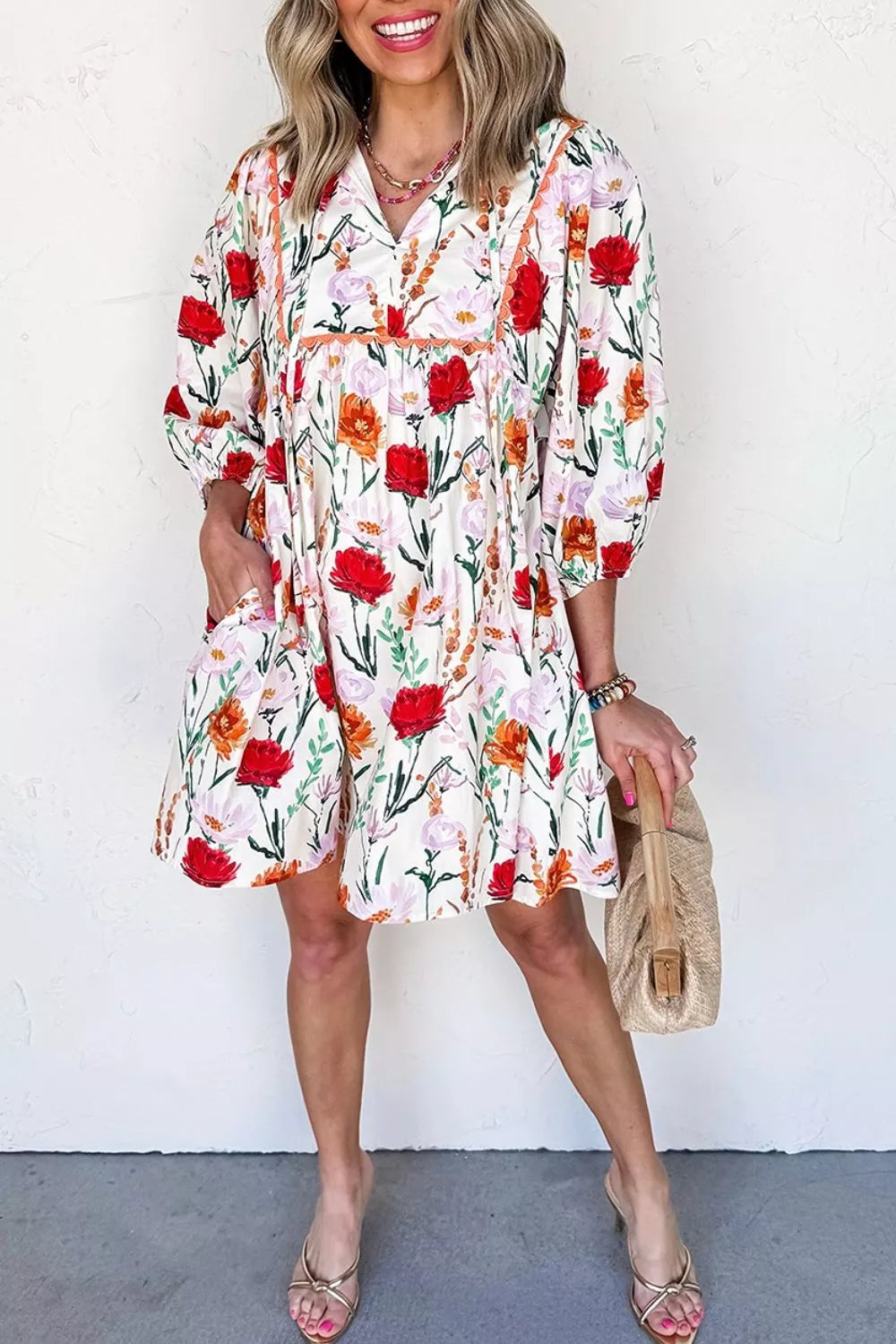 Floral Print 3/4 Puff Sleeve Ricrac Trim Mini Dress