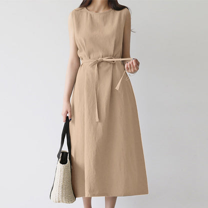 Casual Sleeveless Belted Cotton Dress