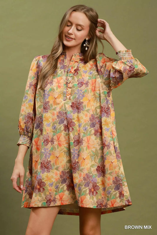 Umgee Mix Floral Print Smocked Cuff Mini Dress