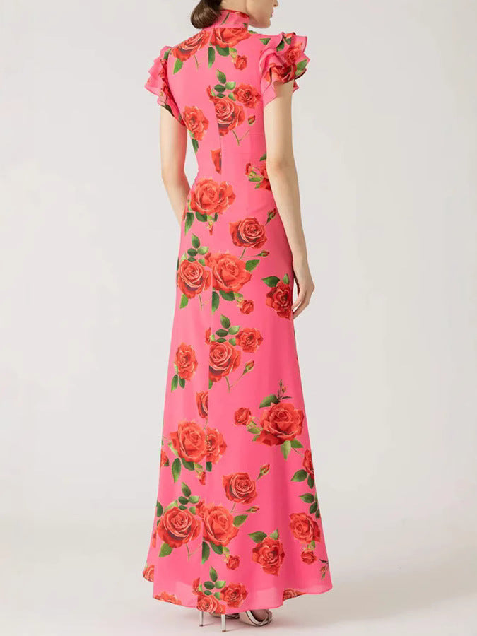 Robe longue extensible à manches évasées et à imprimé floral rose style cheongsam