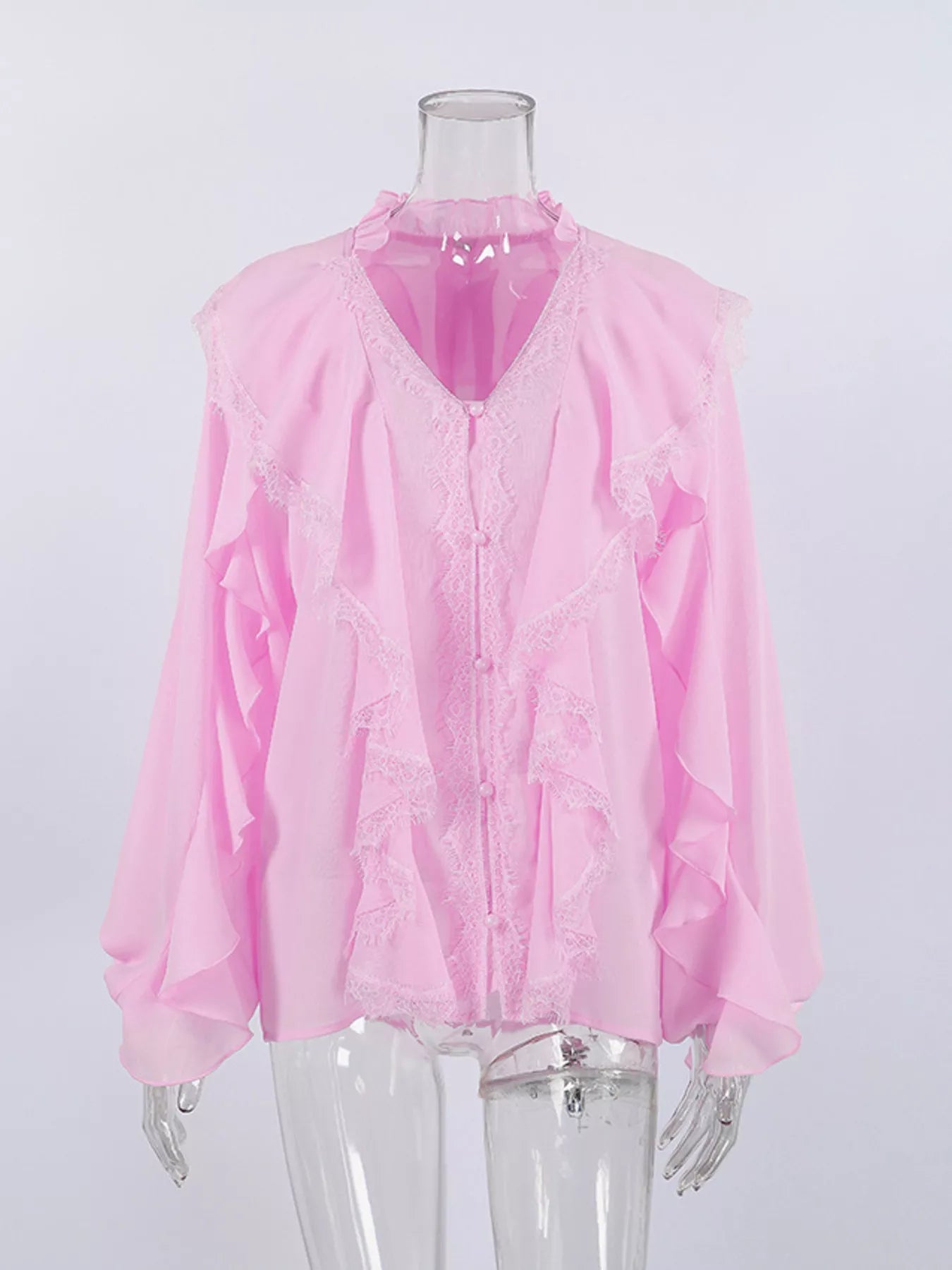 V-Neck Ruffled Lace Trim Blouse