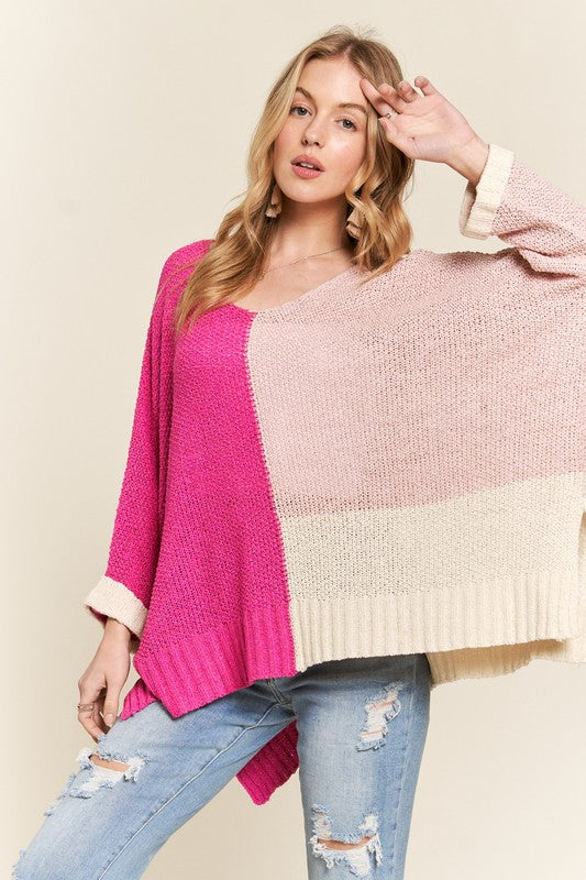 Adora Side Slit Color Block Long Sleeve Sweater