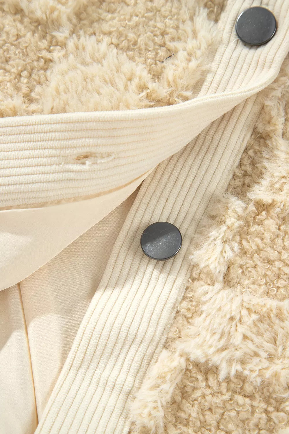 Plush Checkered Corduroy Trim Metal Button Long Sleeve Shift Silhouette Shacket
