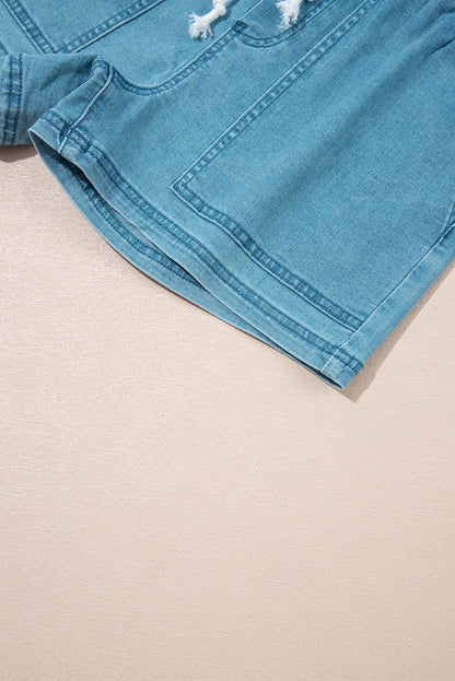 Beau Blue Contrast Drawstring Elastic Waist Denim Shorts