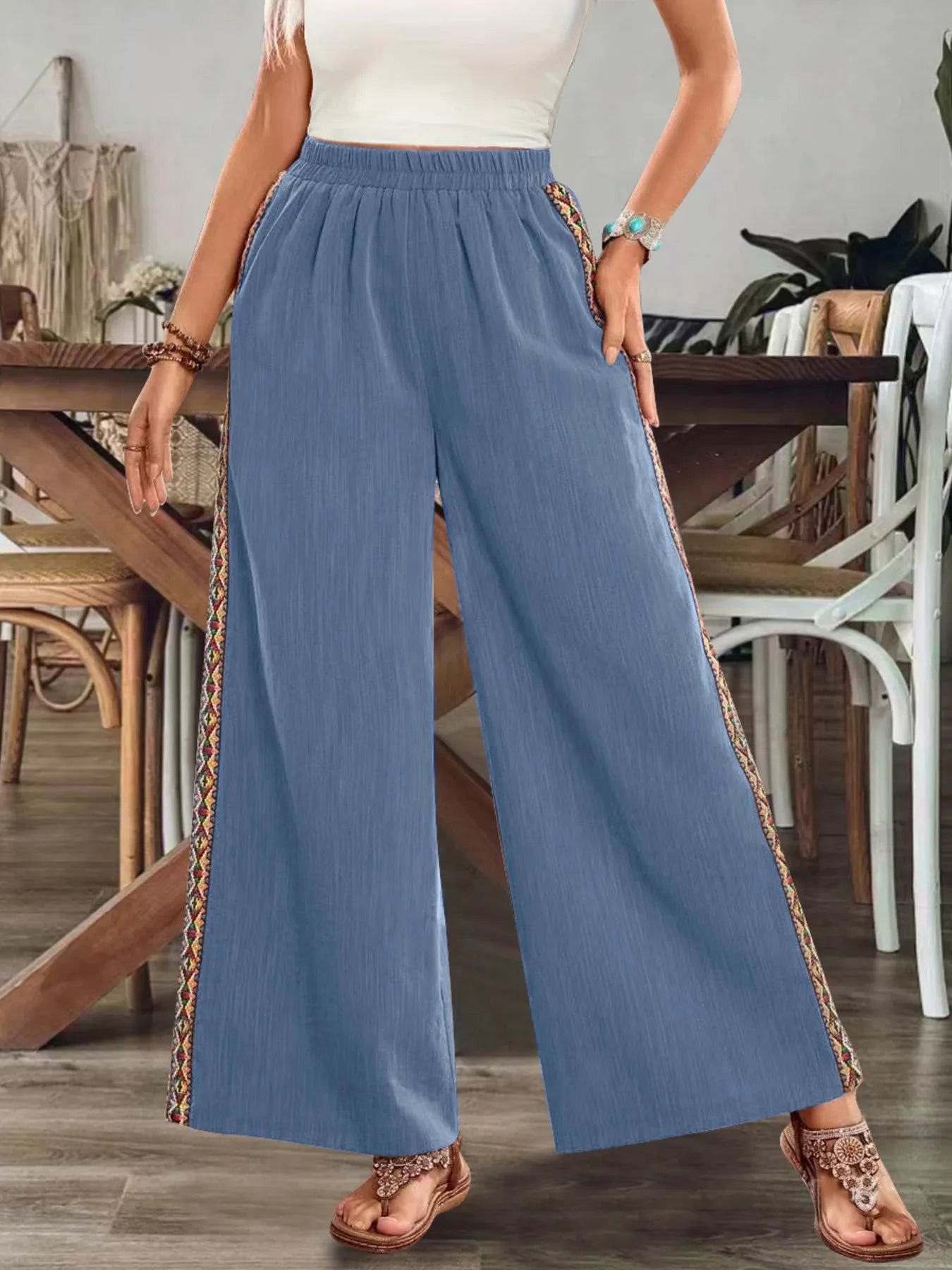 Bohemian Wide Leg Embroidered Side Stripe Pants