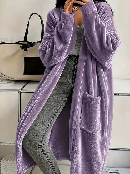 Full Size Velvet Open-Front Longline Outerwear Plus Size