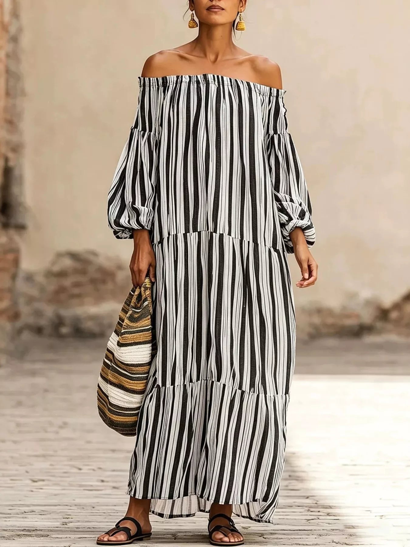 Off-Shoulder Striped Maxi Dress