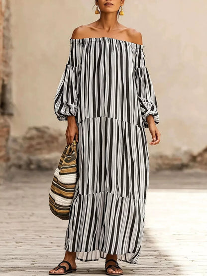 Off-Shoulder Striped Maxi Dress