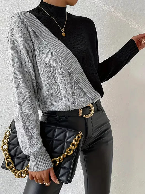 Color Block Cable Knit Mock Neck Sweater