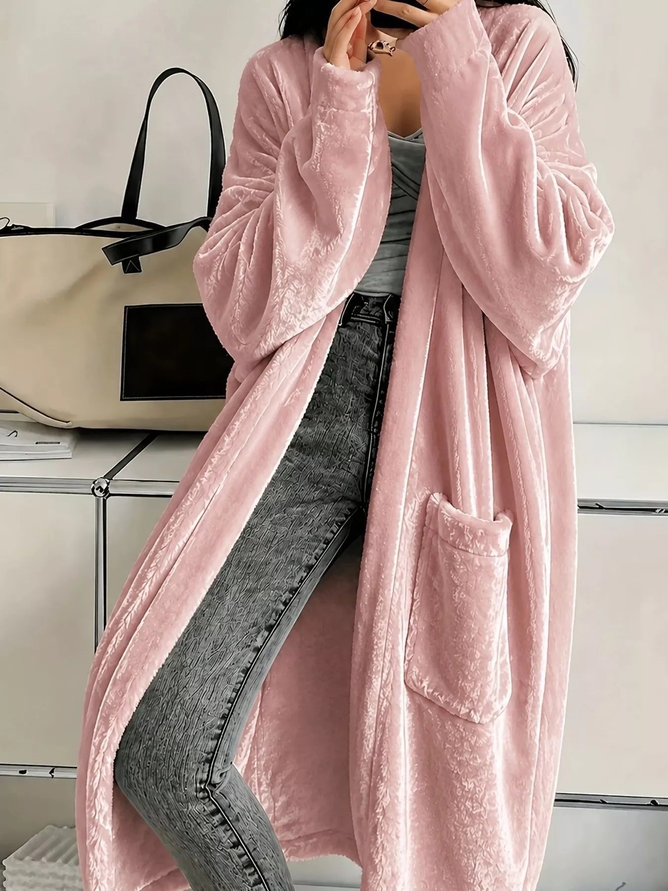 Full Size Velvet Open-Front Longline Outerwear Plus Size