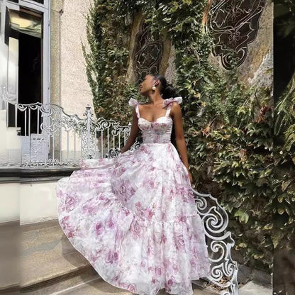 Elegant Floral Strap Princess Dress