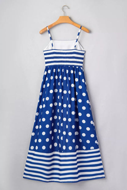 Striped Polka Dot Patchwork High Waist Spaghetti Straps Maxi Dress
