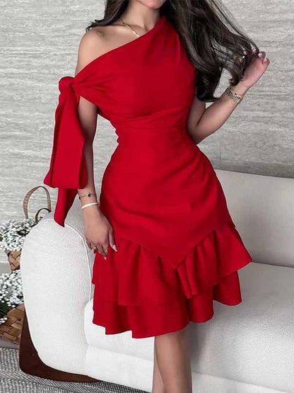 Asymmetrical Neck Bow Tie Cropped Waist Mini Dress