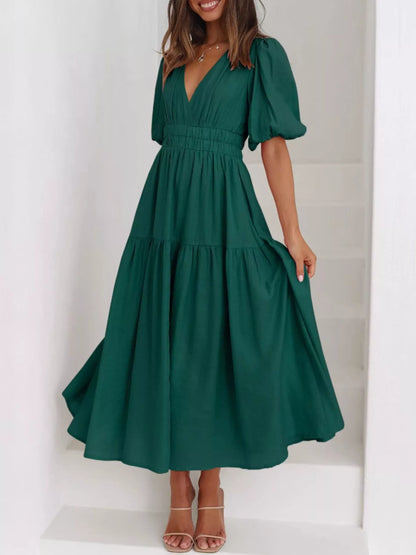 Elegant Puff Sleeve V-Neck Midi Dress