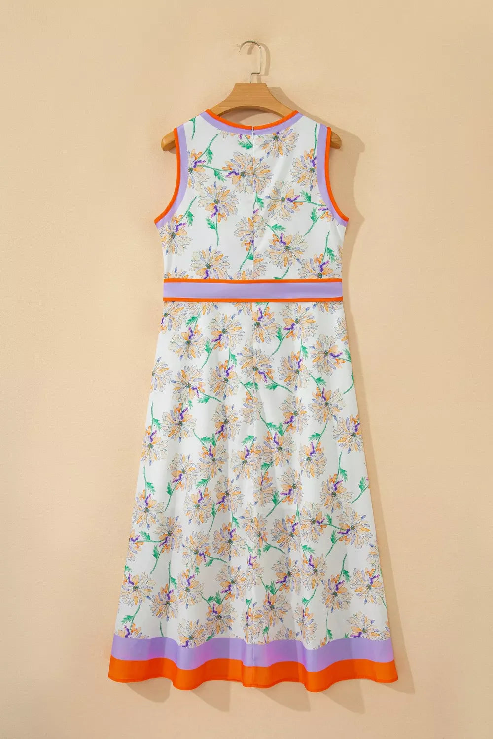 Floral Print Color Block Trim Belted Sleeveless Dress