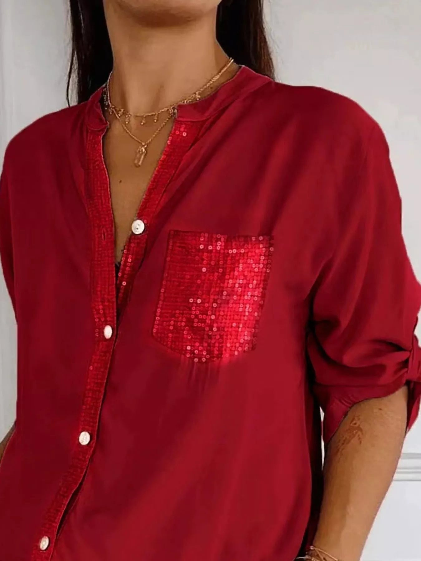 Full Size Sequin Detail Button-Down Shirt Plus Size