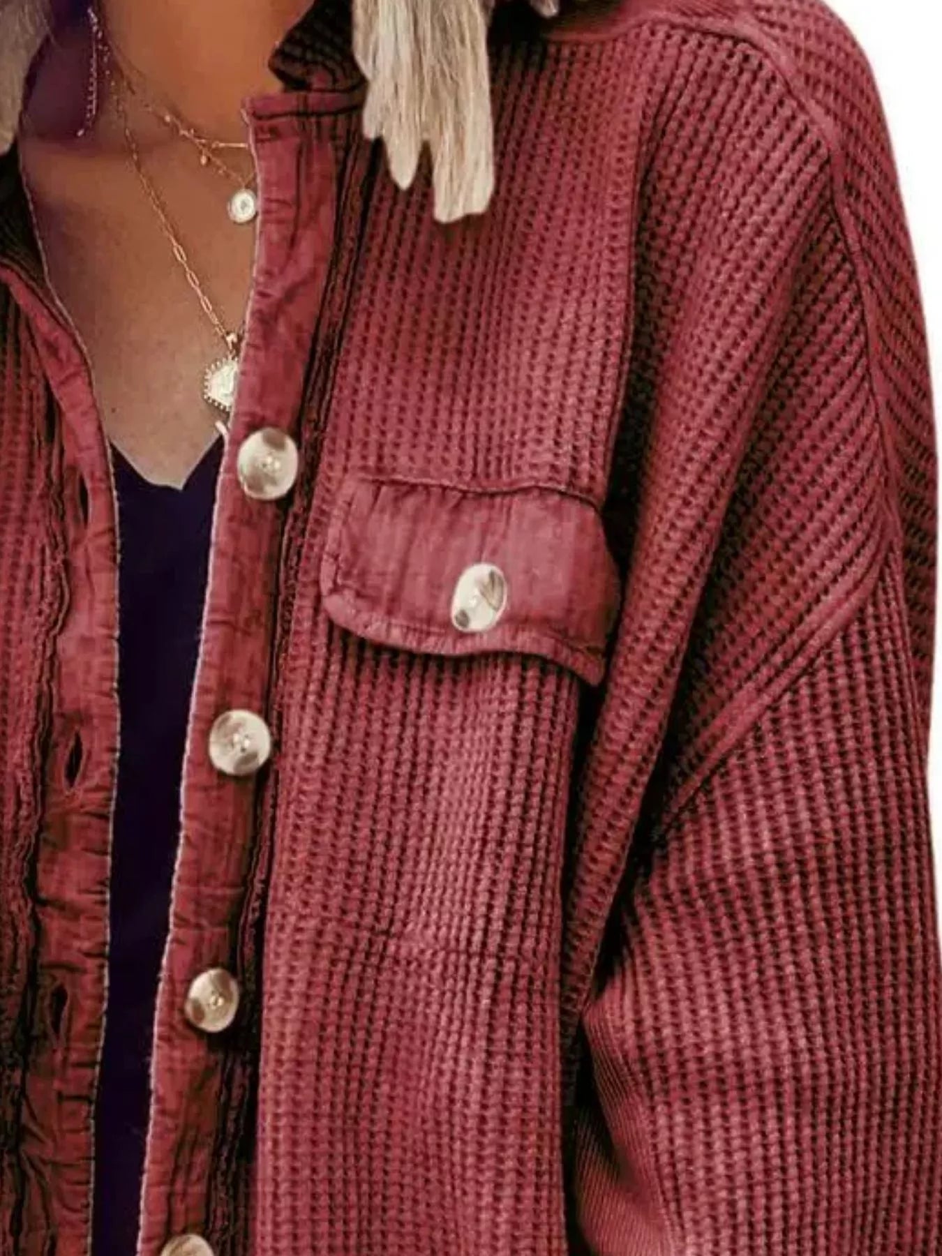 Oversized Waffle Knit Button-Up Jacket