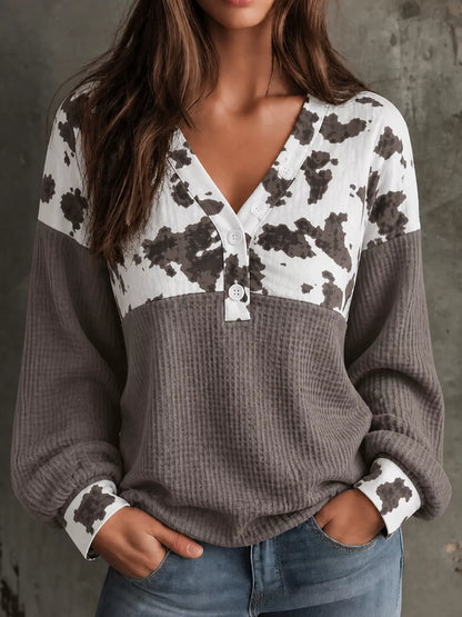 Cow Print Color Block Waffle Knit Blouse