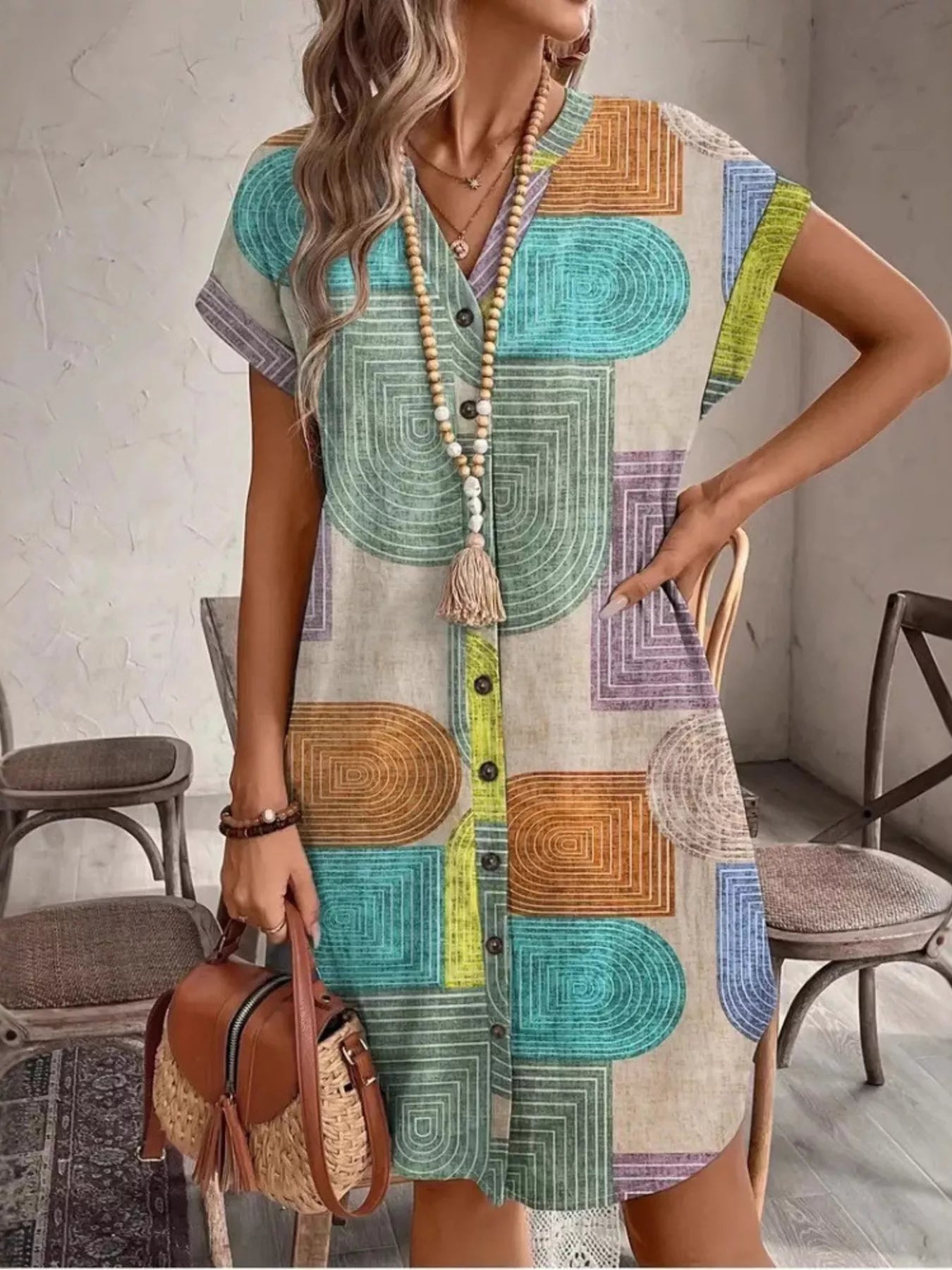 Full Size Geometric Print Button-Down Shirt Dress Plus Size