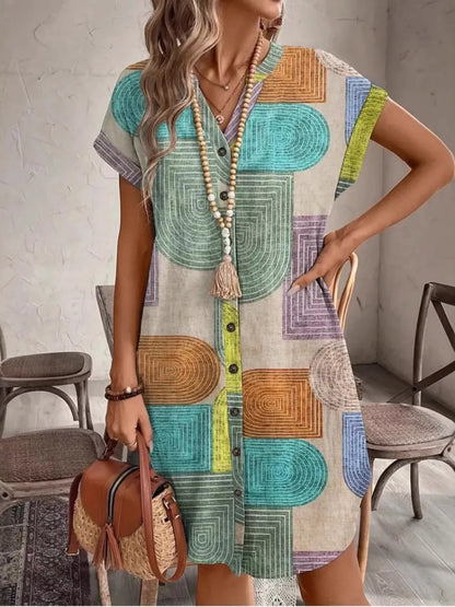 Full Size Geometric Print Button-Down Shirt Dress Plus Size