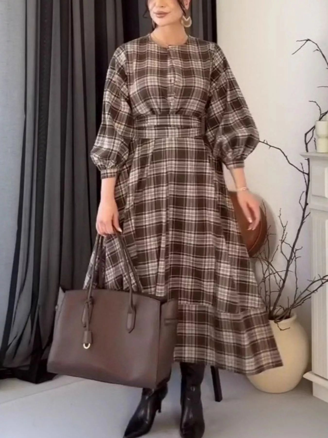 Vintage Plaid Puff Sleeve Midi Dress