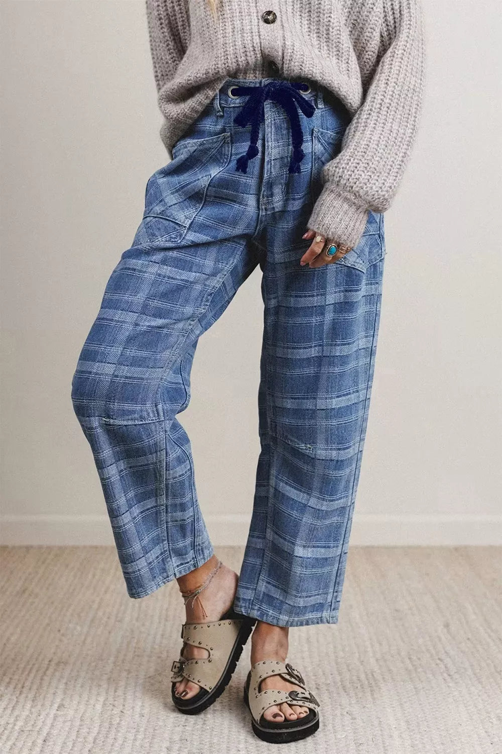 Plaid Denim Grommet Drawstring Waist Ankle-Length Jeans