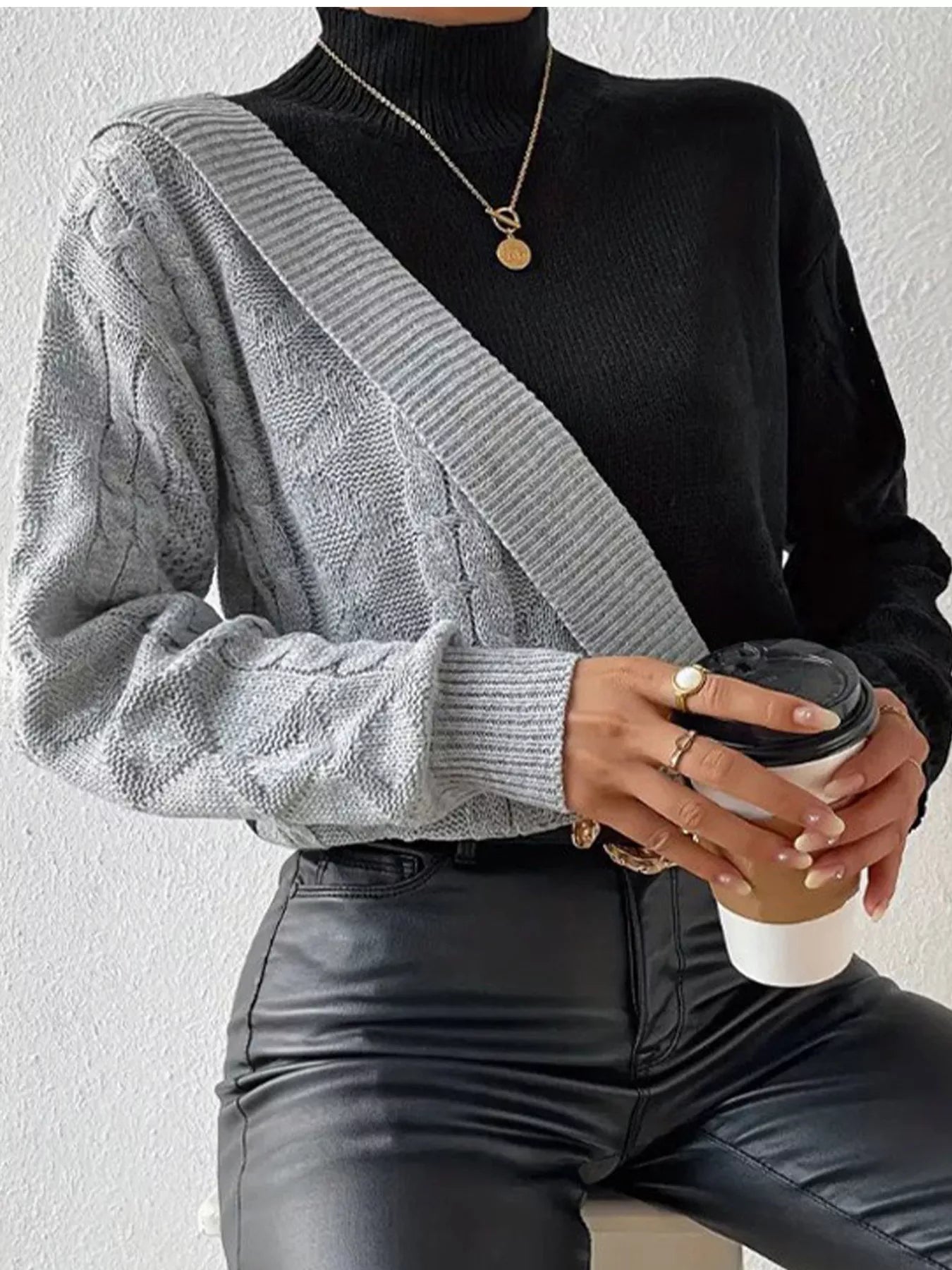 Color Block Cable Knit Mock Neck Sweater