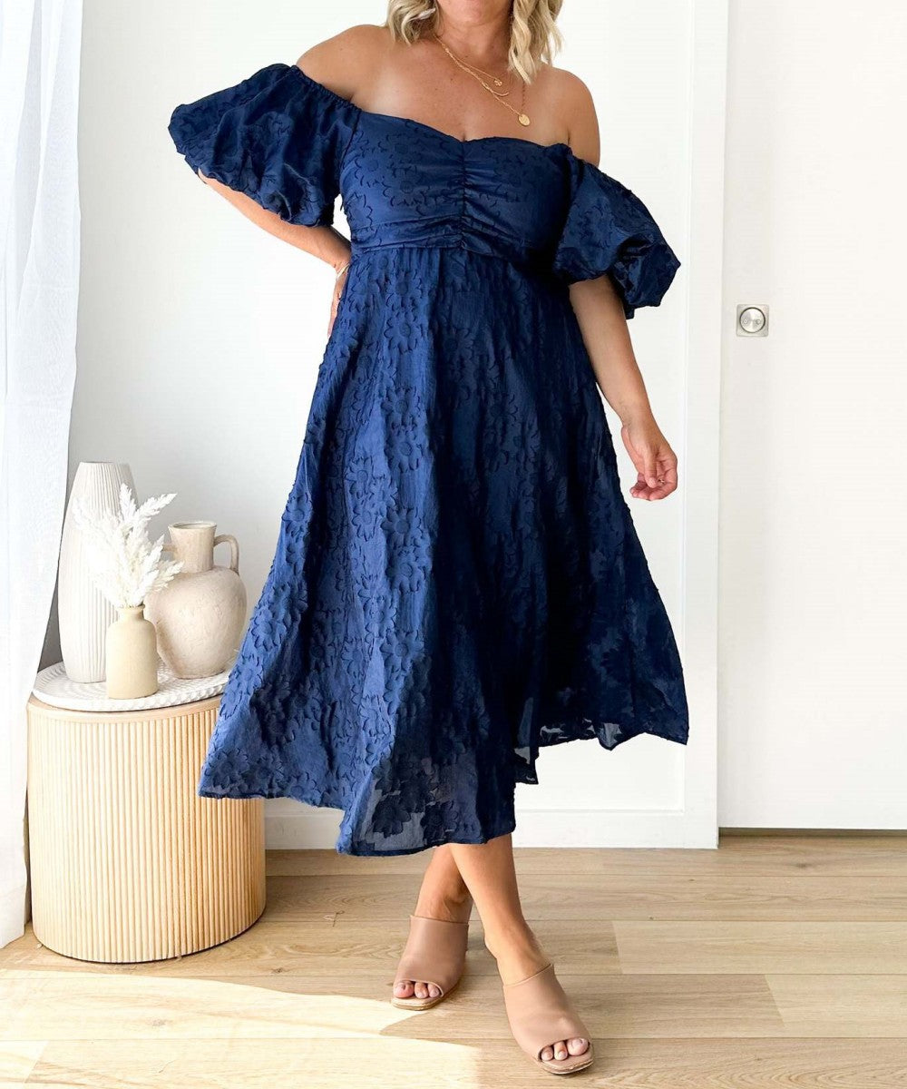 Elegant Floral Bubble Sleeves Maxi Dress