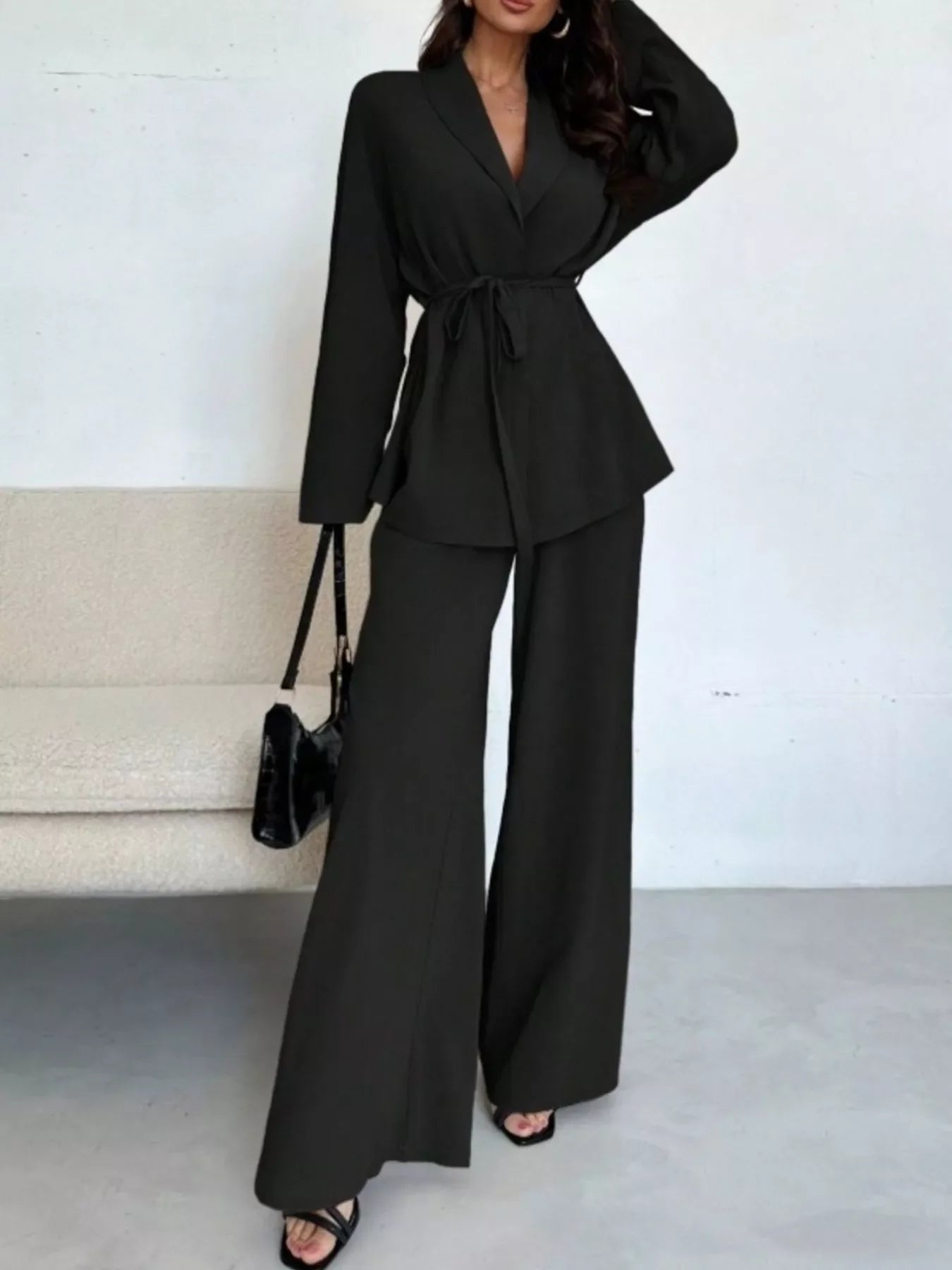 Textured Tie Waist Top and Wide-Leg Pants Set