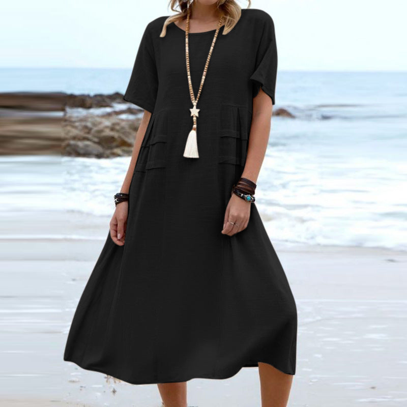 Round Neck Short Sleeves Mid-length Dress