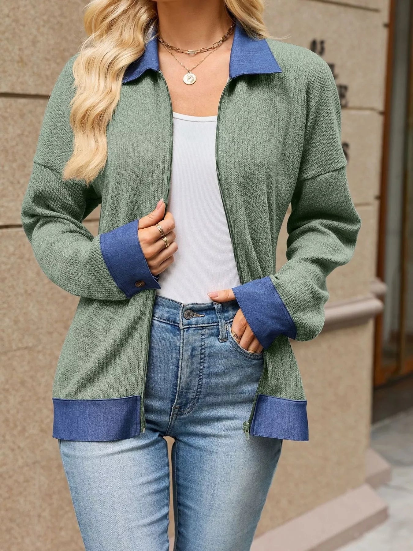 Contrast Denim Collar Zip Up Outerwear