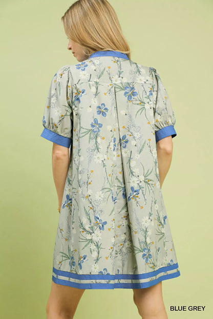 Umgee Floral Puff Sleeve Dress with Contrast Trim